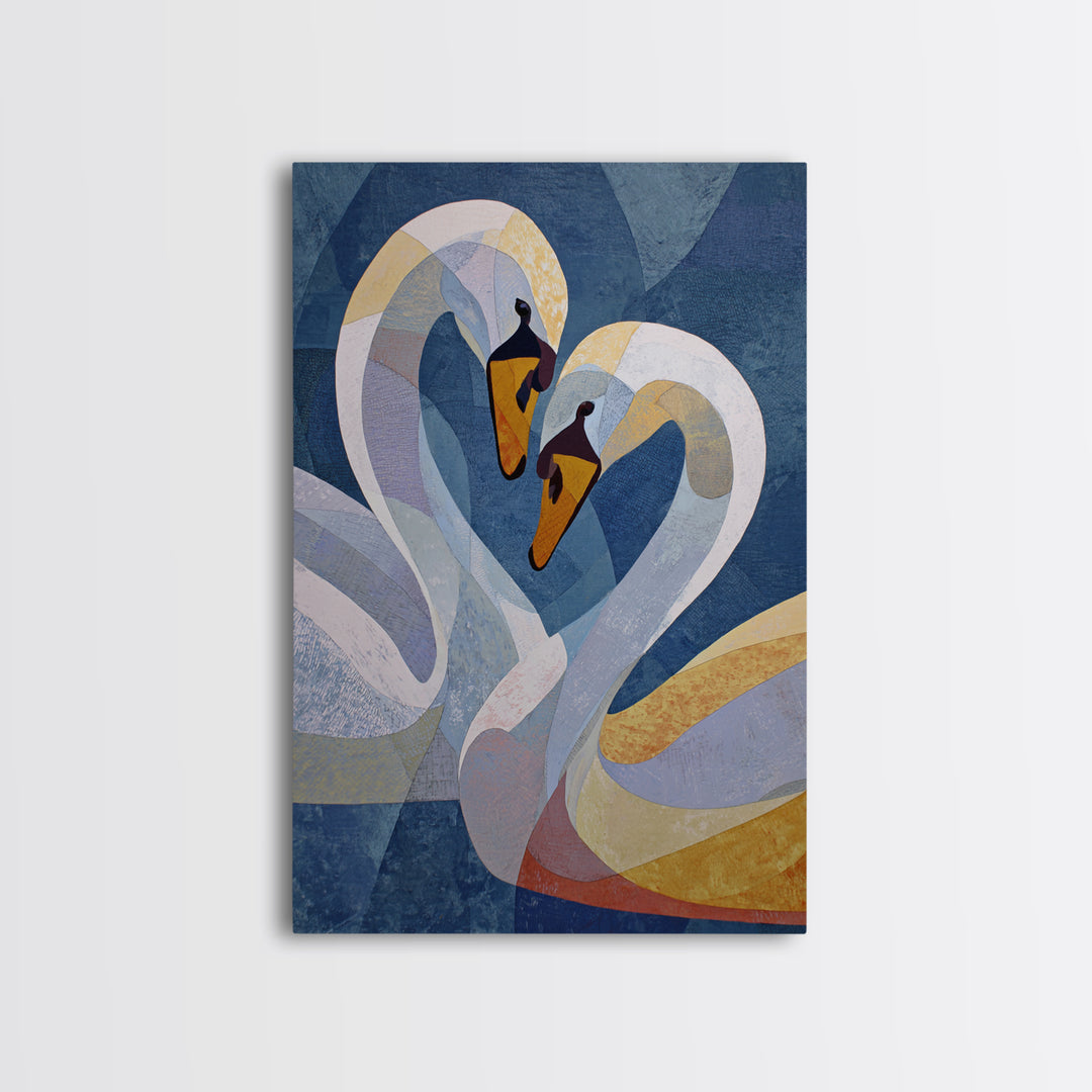 Two Swans Forming a Heart Shape Framed Canvas Print, Line Art, Living Room Decor, Abstract Art, Line, Portrait from Photo, LIN-2x3-48