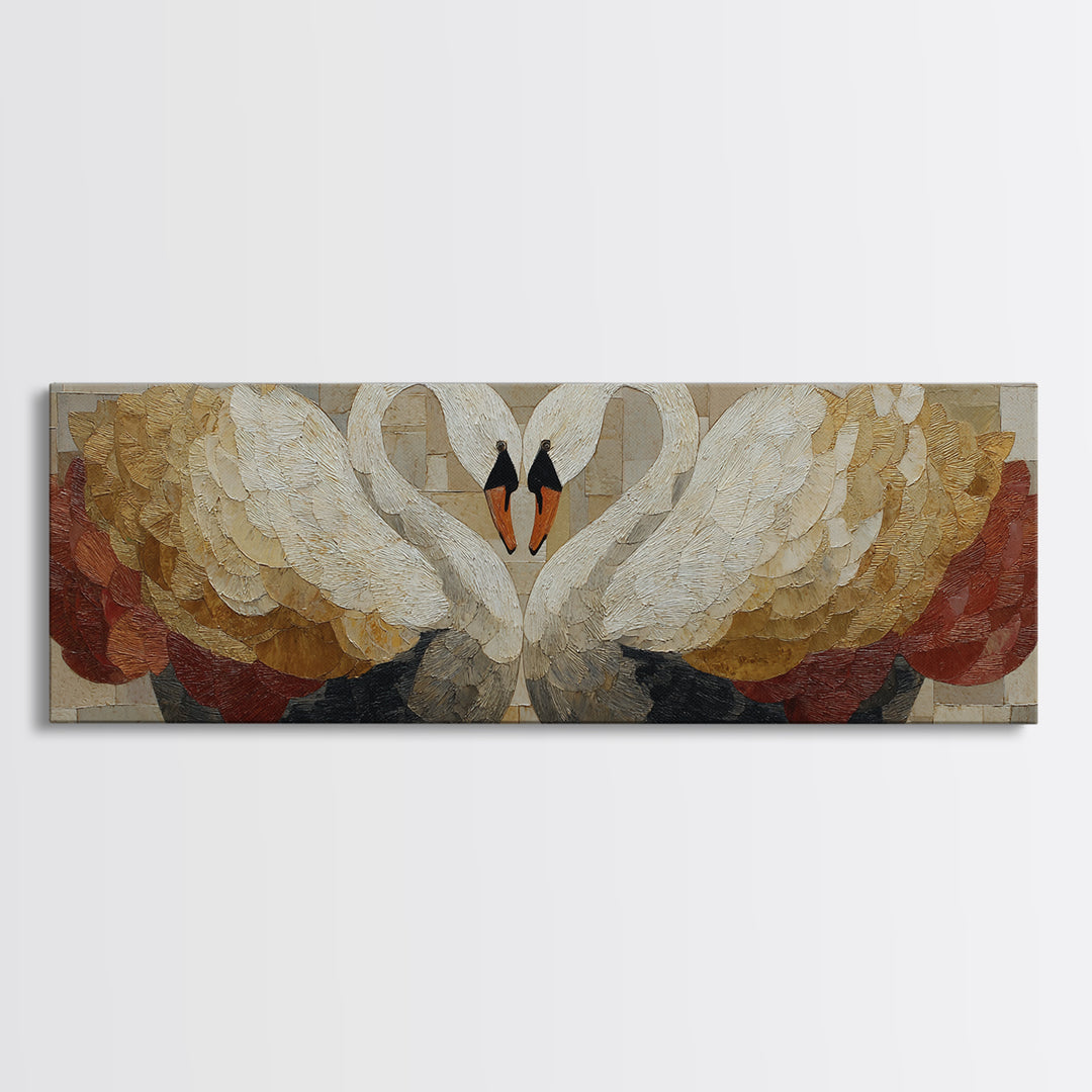 Two Swans Forming a Heart Shape Framed Canvas Print, Line Art, Wall Art, Living Room Decor, Fine Art, Line, Wall Art Print, LIN-3x1-56