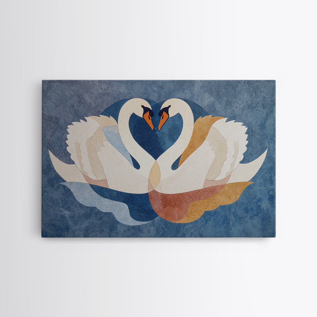 Two Swans Forming a Heart Shape Framed Canvas Print, Line Art, Boho Wall Decor, Living Room Decor, Abstract Art, Line, LIN-3x2-92