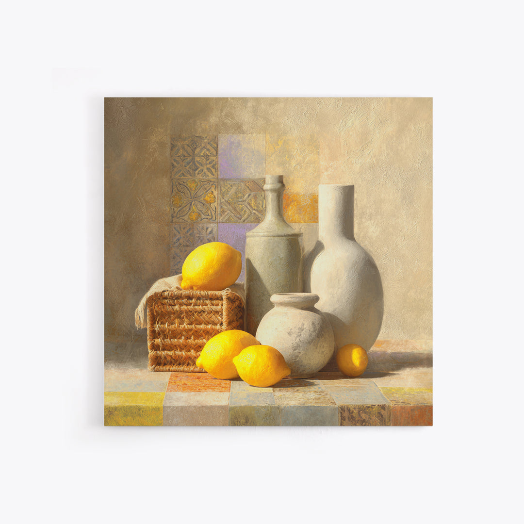 Warm Mediterranean Lemon Still Life Framed Canvas Print, Living Room Art, Dopamine Decor, Living Room Decor, Abstract Art, LIR-1x1-42