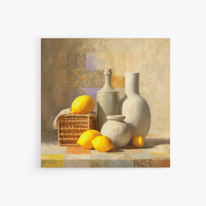 Warm Mediterranean Lemon Still Life Framed Canvas Print, Living Room Art, Dopamine Decor, Living Room Decor, Abstract Art, LIR-1x1-42