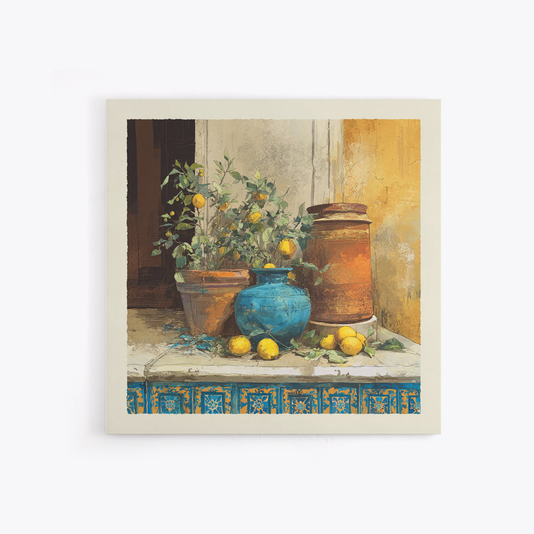 Warm Mediterranean Lemon Still Life Framed Canvas Print, Living Room Art, Dopamine Decor, Living Room Decor, Abstract Art, LIR-1x1-66