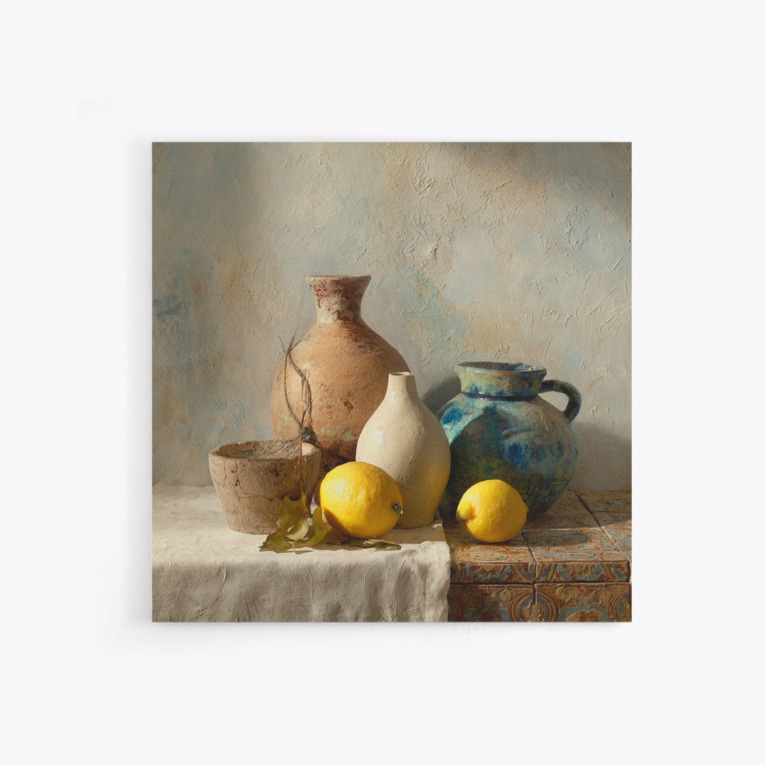 Warm Mediterranean Lemon Still Life Canvas Print, Living Room Art, Neutral Decor, Living Room Decor, Fine Art, Living, LIR-1x1-90