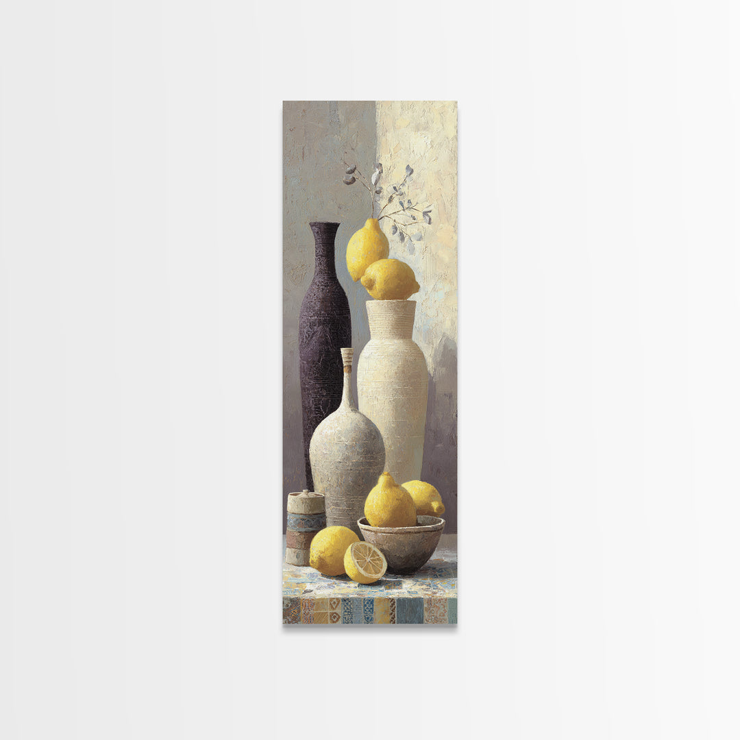 Warm Mediterranean Lemon Still Life Framed Canvas Print, Living Room Art, Bedroom Wall Art, Living Room Decor, Oil Painting, LIR-1x3-30