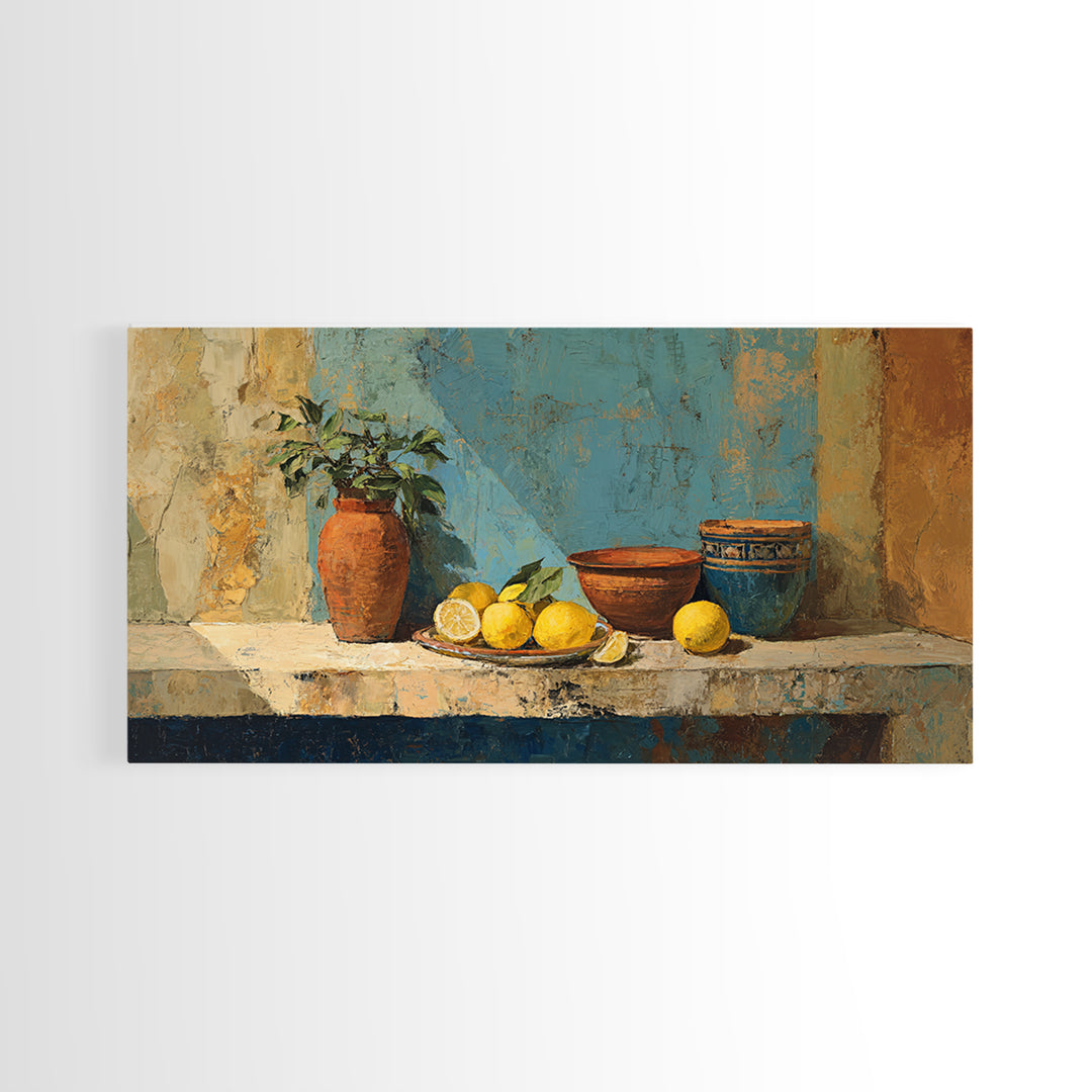 Warm Mediterranean Lemon Still Life Canvas Print, Living Room Art, Wall Art, Living Room Decor, Oil Painting, Living, LIR-2x1-62