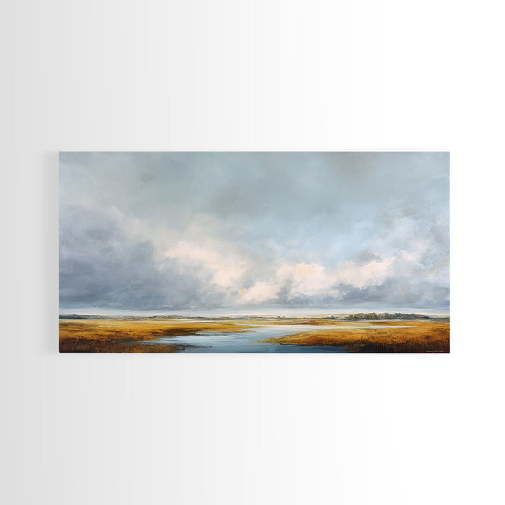 Modern Landscape with Expansive Calm Sky Framed Canvas Print, Living Room Art, Neutral Decor, Living Room Decor, Oil Painting, LIR-2x1-95