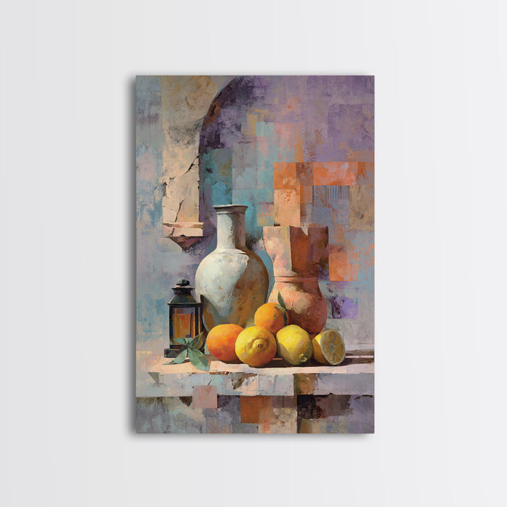 Warm Mediterranean Lemon Still Life Framed Canvas Print, Living Room Art, Living Room Decor, Abstract Art, Living, LIR-2x3-2