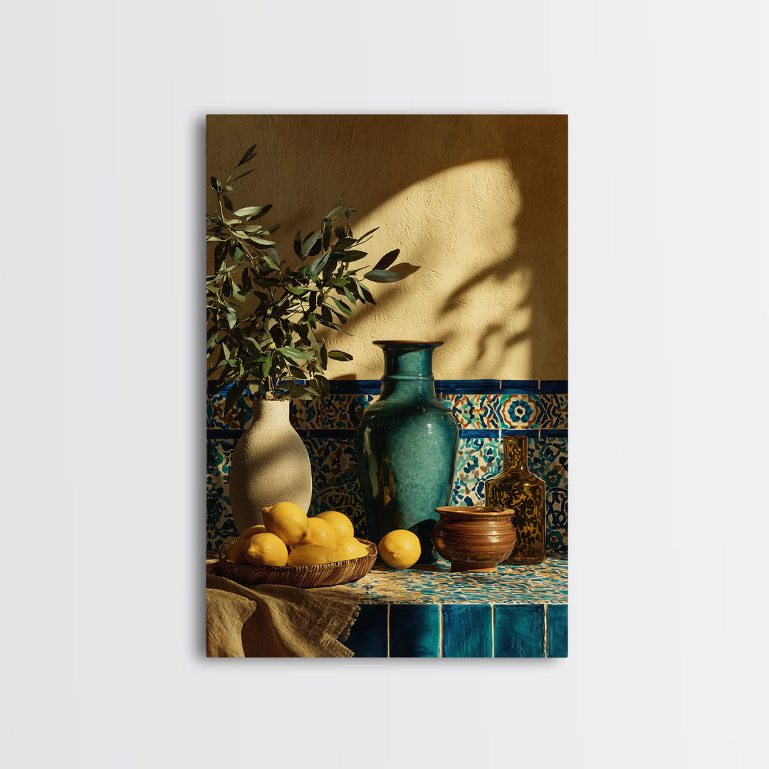 Warm Mediterranean Lemon Still Life Framed Canvas Print, Living Room Art, Living Room Decor, Abstract Art, Living, LIR-2x3-26