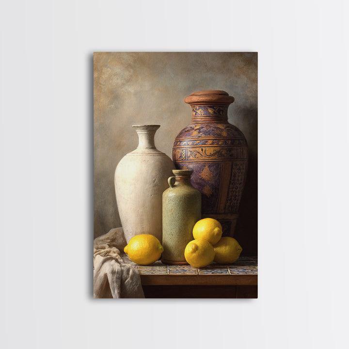 Warm Mediterranean Lemon Still Life Framed Canvas Print, Living Room Art, Living Room Decor, Watercolor Art, Living, LIR-2x3-74