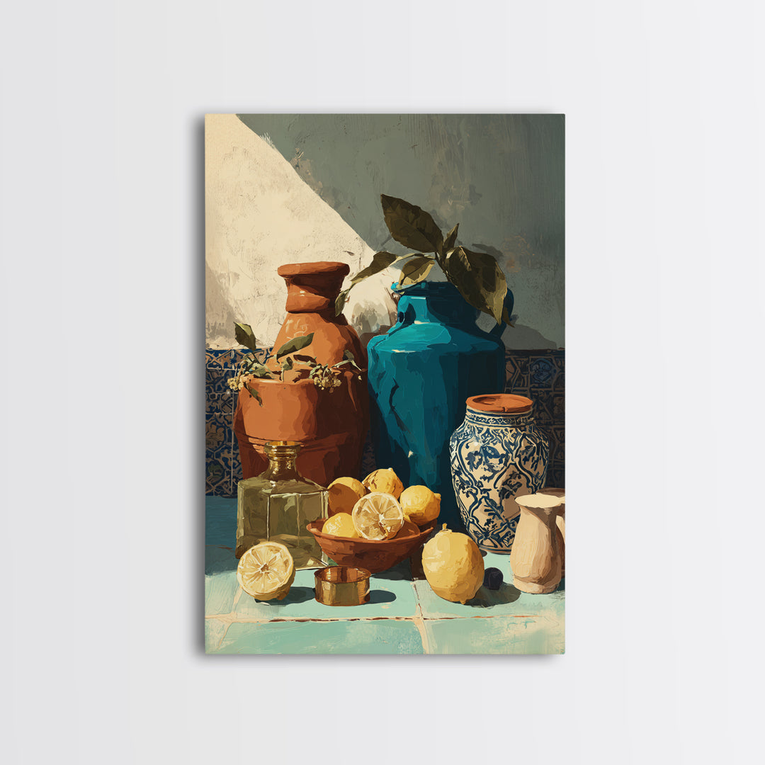 Warm Mediterranean Lemon Still Life Framed Canvas Print, Living Room Art, Living Room Decor, Watercolor Art, Living, LIR-2x3-98