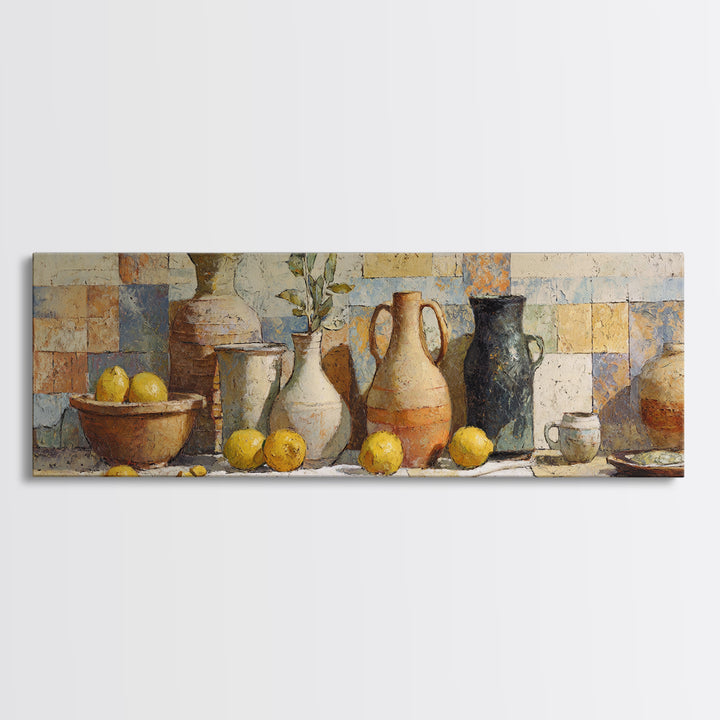 Warm Mediterranean Lemon Still Life Canvas Print, Living Room Art, Oil Painting, Living Room Decor, Abstract Art, Living, LIR-3x1-34