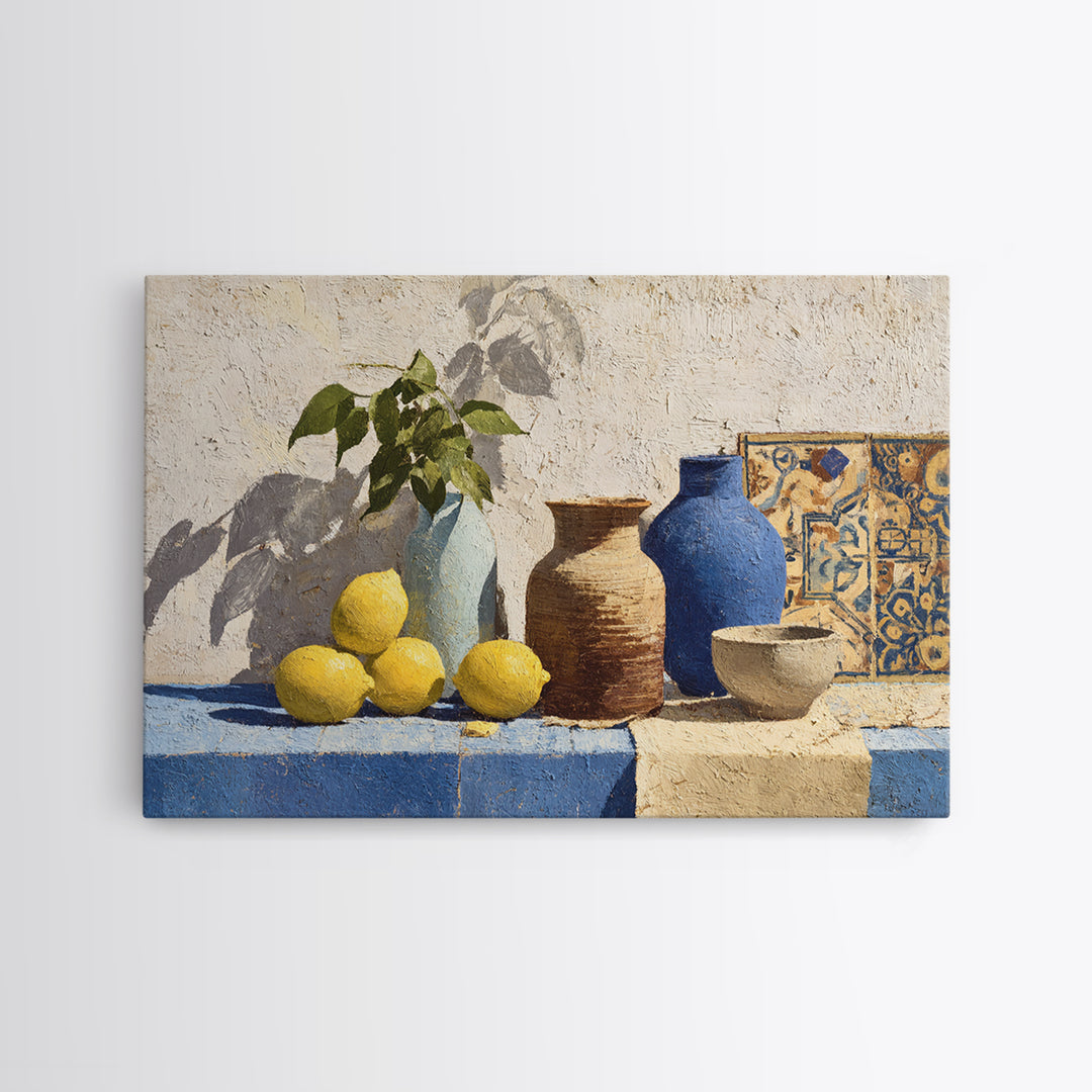 Warm Mediterranean Lemon Still Life Canvas Print, Living Room Art, Art Nouveau, Living Room Decor, Oil Painting, Living, LIR-3x2-22