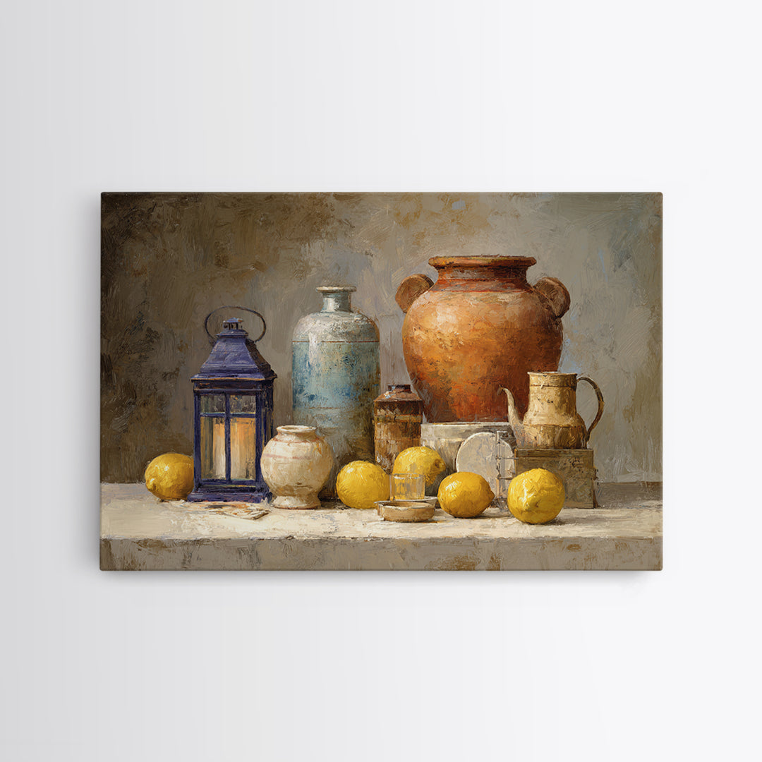Warm Mediterranean Lemon Still Life Framed Canvas Print, Living Room Art, Printable Art, Living Room Decor, Fine Art, Living, LIR-3x2-46