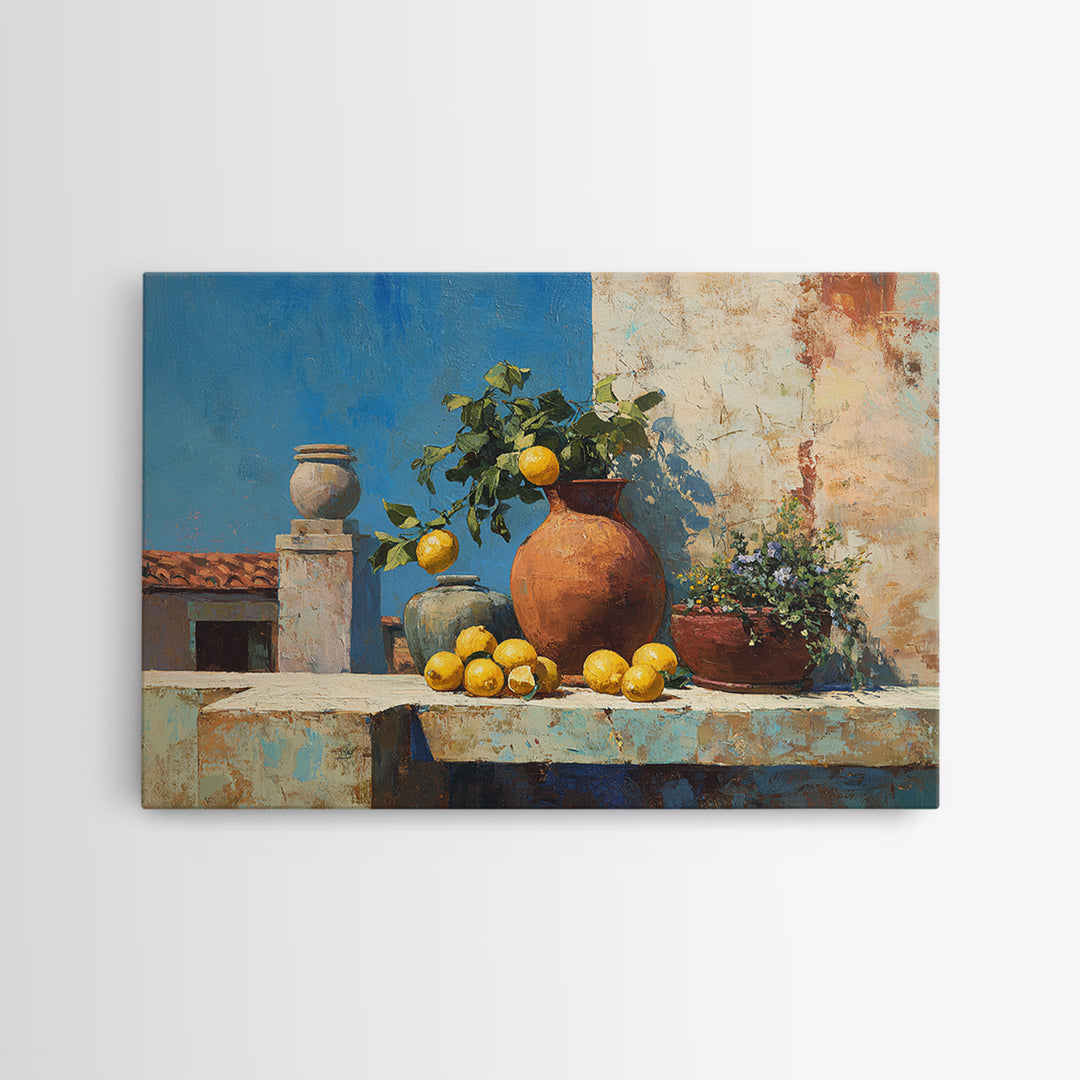 Warm Mediterranean Lemon Still Life Canvas Print, Living Room Art, Dopamine Decor, Living Room Decor, Abstract Art, Living, LIR-3x2-94