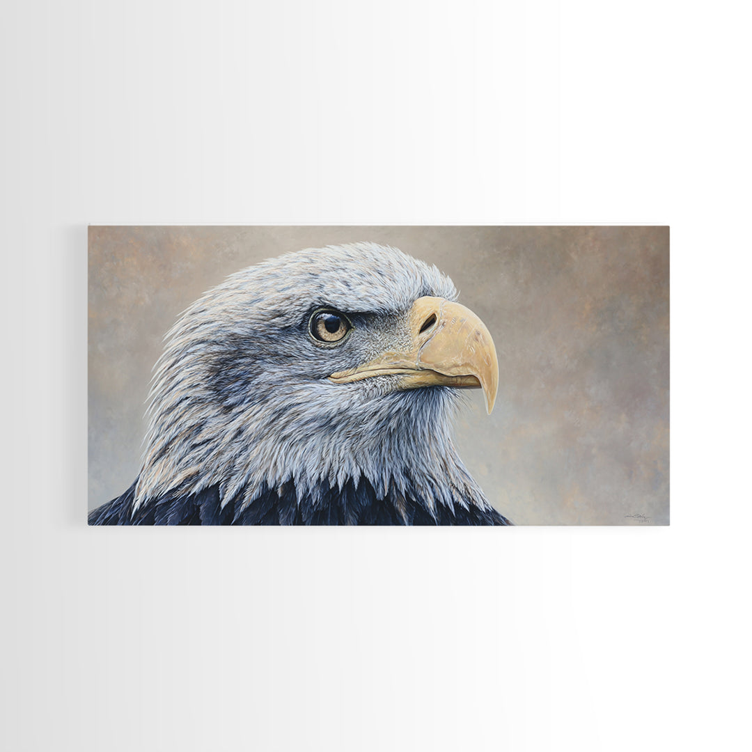 Eagle Portrait with Solemn Presence Canvas Print, Law Office Art, Neutral Decor, Office Decor, Fine Art, Counsel, Wall Art, LOA-2x1-26
