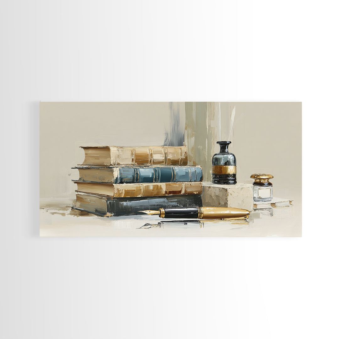 Dignified Law Books and Fountain Pen Still Canvas Print, Law Office Art, Minimalist Decor, Office Decor, Fine Art, Counsel, LOA-2x1-70