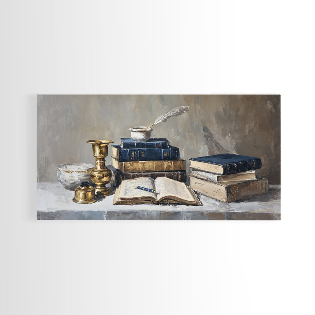 Dignified Law Books and Fountain Pen Still Canvas Print, Law Office Art, Minimalist Decor, Office Decor, Fine Art, Counsel, LOA-2x1-94