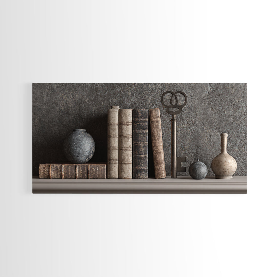 Antique Key and Leather Bound Books Arrangement Framed Canvas Print, Law Office Art, Poster Print, Office Decor, Counsel, LOA-2x1-99