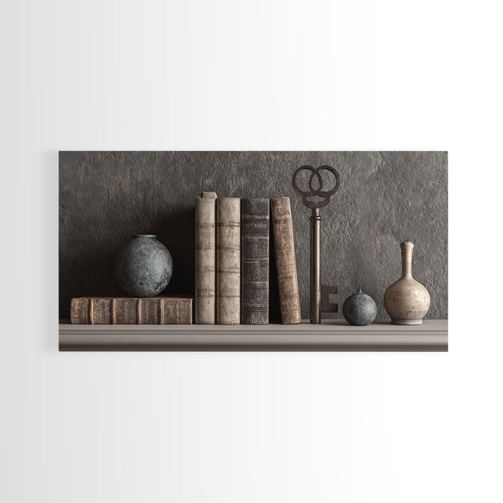 Antique Key and Leather Bound Books Arrangement Framed Canvas Print, Law Office Art, Poster Print, Office Decor, Counsel, LOA-2x1-99
