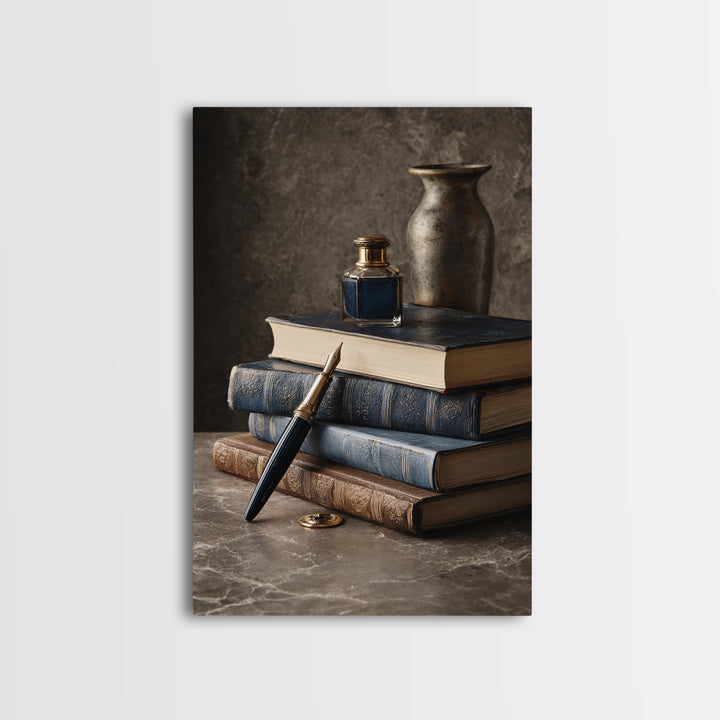 Dignified Law Books and Fountain Pen Still Framed Canvas Print, Law Office Art, Luxury Decor, Office Decor, Fine Art, Counsel, LOA-2x3-34