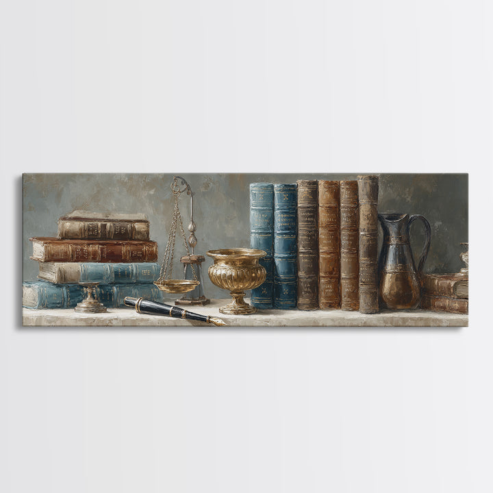 Dignified Law Books and Fountain Pen Still Framed Canvas Print, Law Office Art, Digital Prints, Office Decor, Fine Art, Counsel, LOA-3x1-18