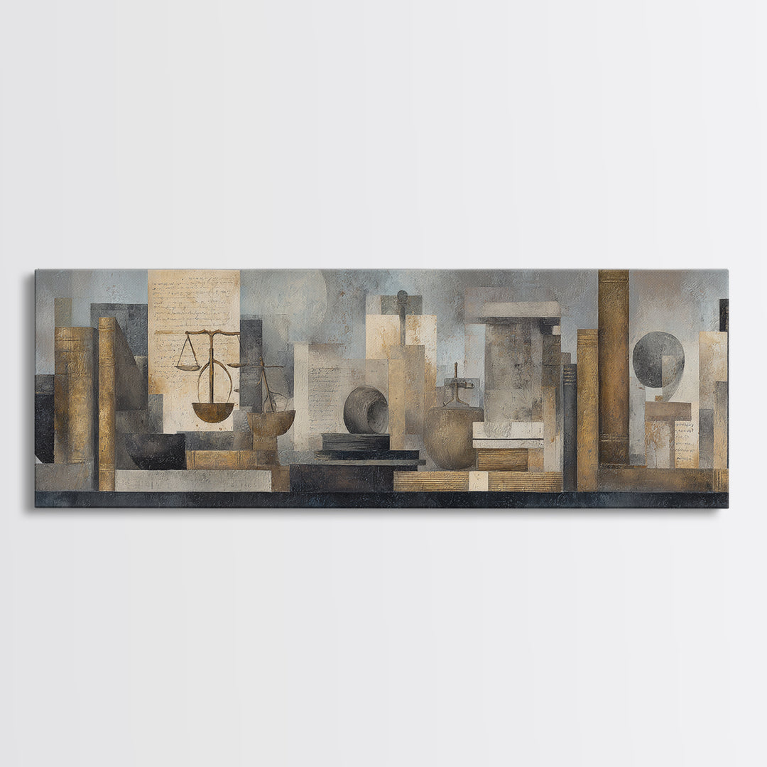 Dark Academia Desk Still Life Without Readable Canvas Print, Law Office Art, Office Wall Decor, Office Decor, Abstract Art, LOA-3x1-49