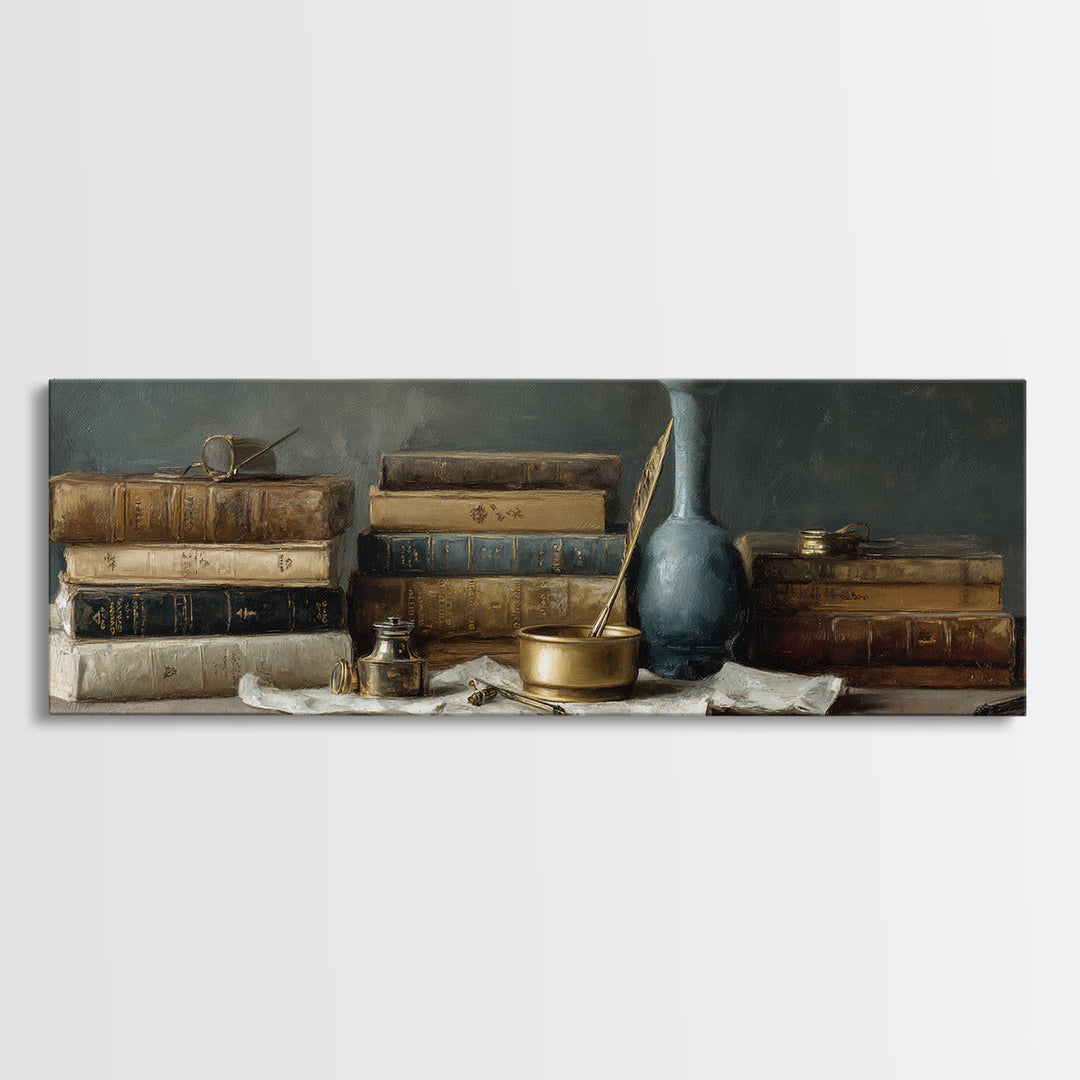 Dignified Law Books and Fountain Pen Still Framed Canvas Print, Law Office Art, Bookish Wall Art, Office Decor, Counsel, LOA-3x1-90