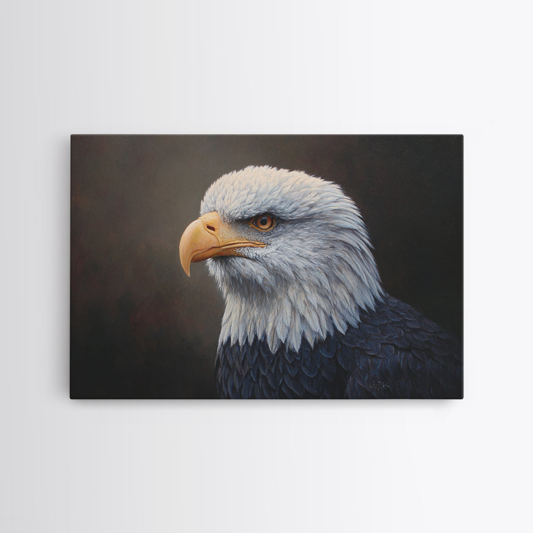 Eagle Portrait with Solemn Presence Framed Canvas Print, Law Office Art, Office Decor, Fine Art, Counsel, Therapy Office Decor, LOA-3x2-10