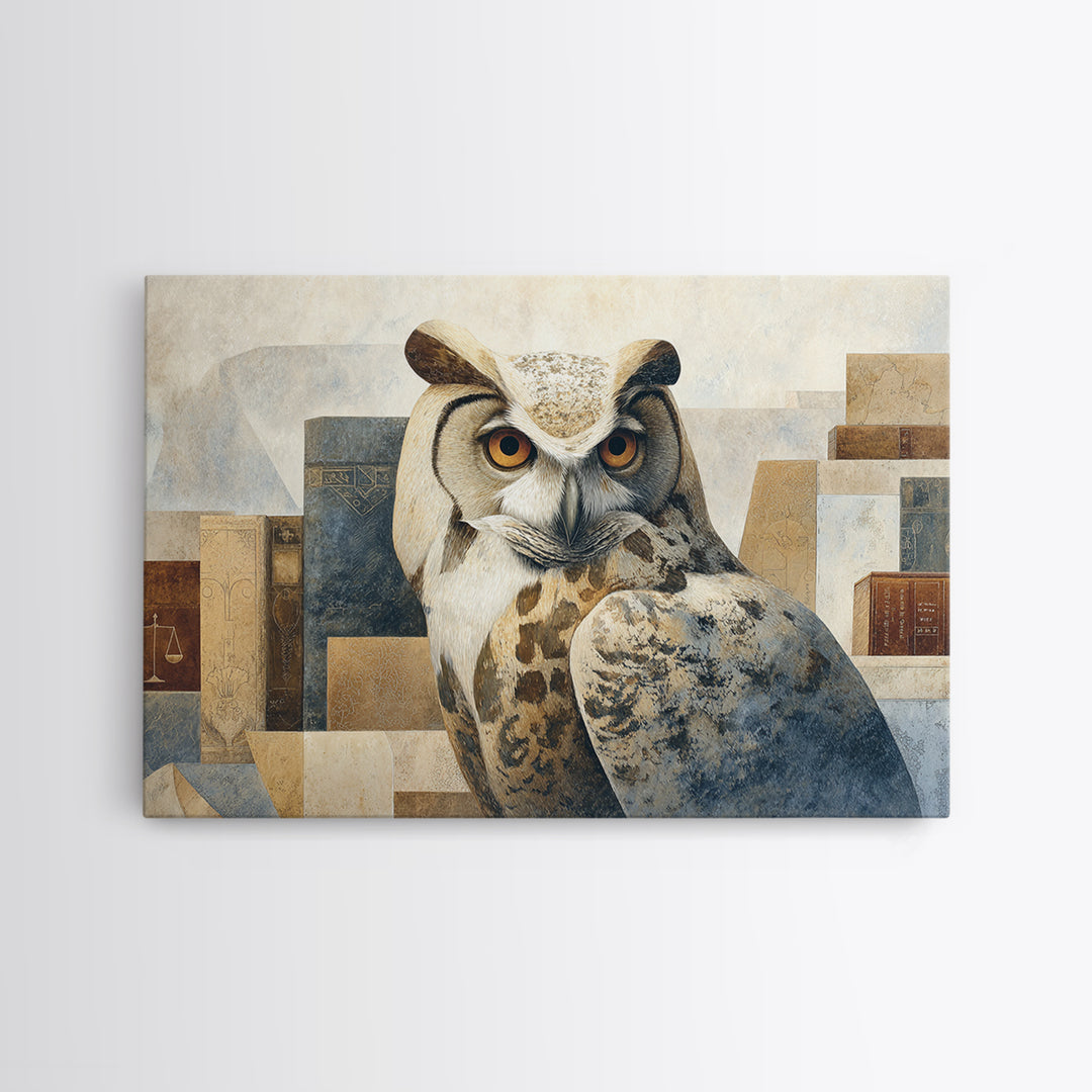 Owl Portrait Representing Wisdom Framed Canvas Print, Law Office Art, Bookish Wall Art, Office Decor, Fine Art, Counsel, LOA-3x2-45