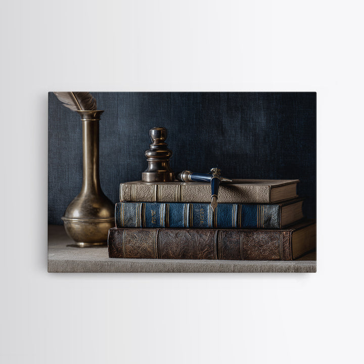 Dignified Law Books and Fountain Pen Still Framed Canvas Print, Law Office Art, Printable, Office Decor, Fine Art, Counsel, LOA-3x2-6