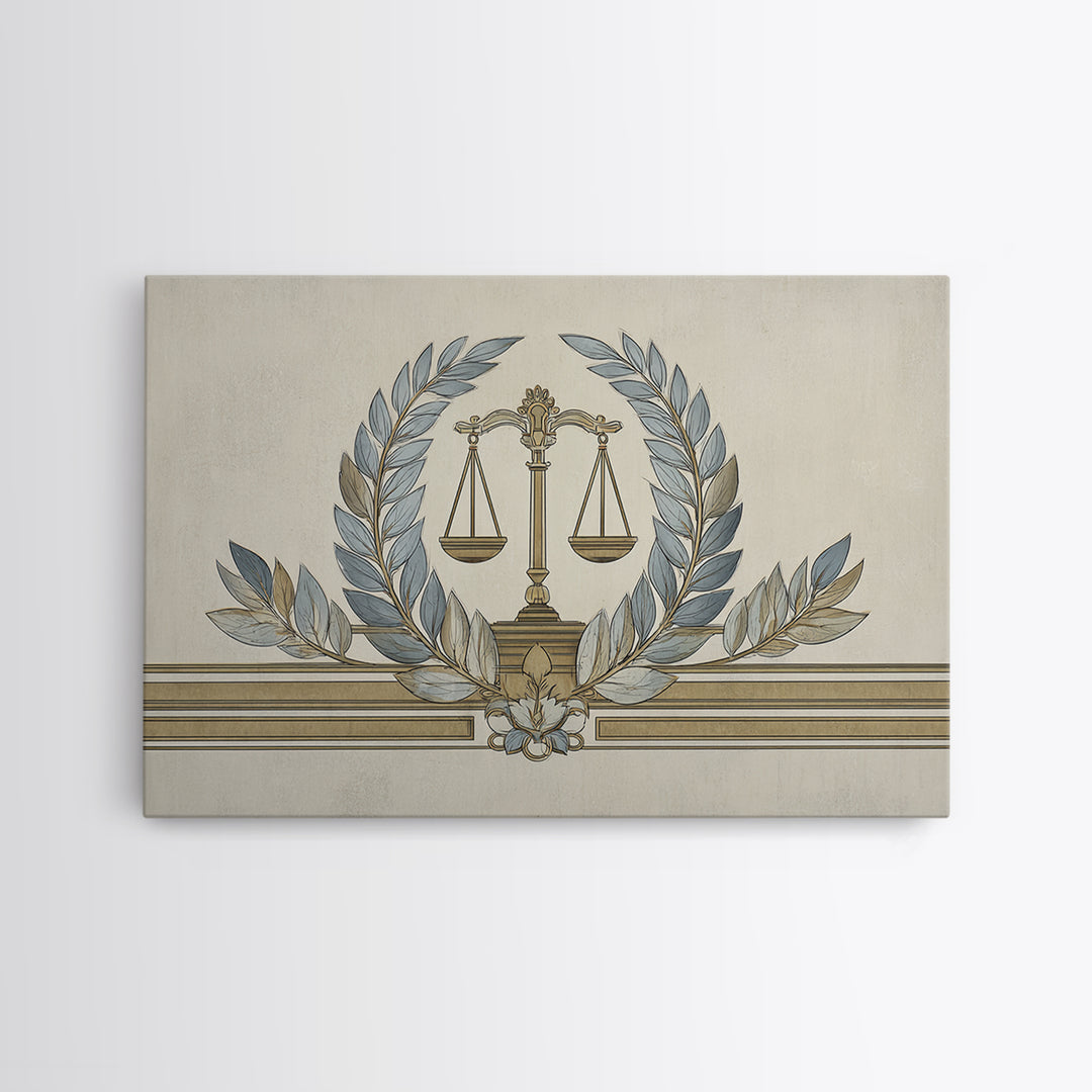 Minimal Line Drawing of Scales and Laurel Canvas Print, Law Office Art, Office, Office Decor, Abstract Art, Counsel, LOA-3x2-62