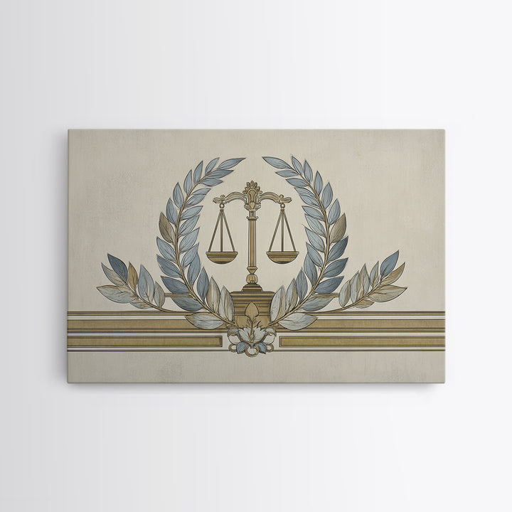 Minimal Line Drawing of Scales and Laurel Canvas Print, Law Office Art, Office, Office Decor, Abstract Art, Counsel, LOA-3x2-62