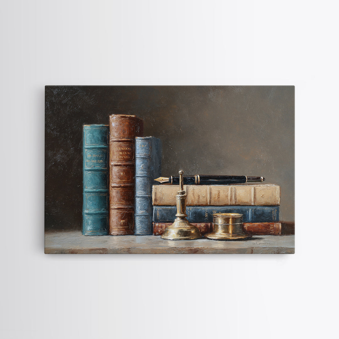 Dignified Law Books and Fountain Pen Still Framed Canvas Print, Law Office Art, Gifts for Lawyers, Office Decor, Counsel, LOA-3x2-78