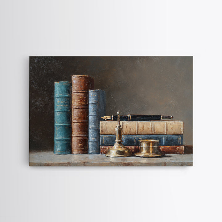 Dignified Law Books and Fountain Pen Still Framed Canvas Print, Law Office Art, Gifts for Lawyers, Office Decor, Counsel, LOA-3x2-78