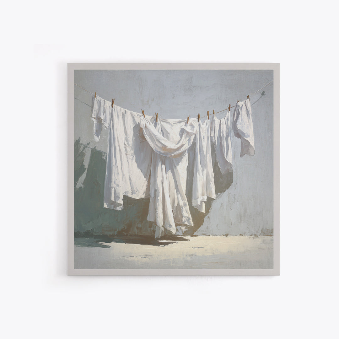 Clothesline with White Linens Blowing in Sunshine Canvas Print, Laundry Room Art, Rustic Home Decor, Living Room Decor, Clean, LRA-1x1-1