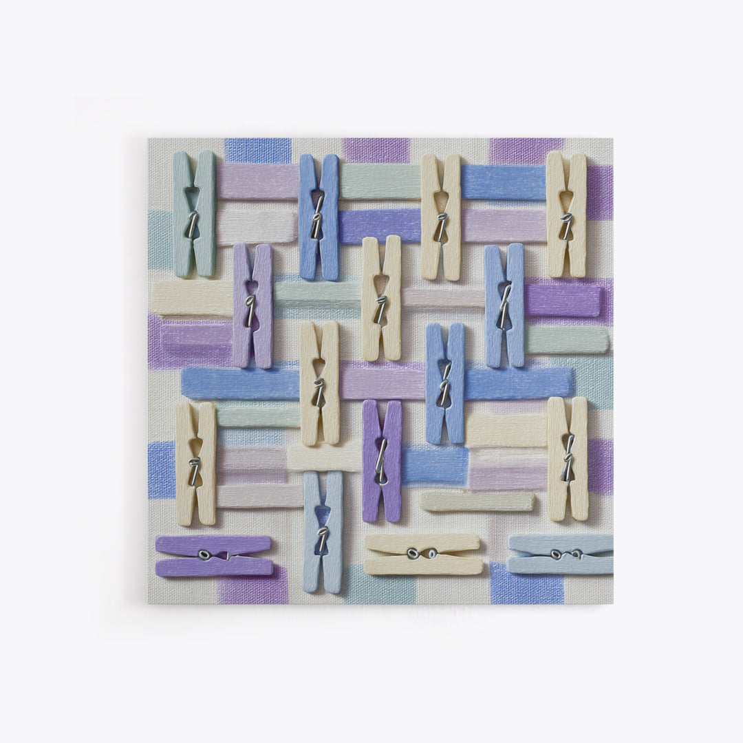 Cheerful Clothespins Arranged as Pattern Framed Canvas Print, Laundry Room Art, Funny Poster, Living Room Decor, Watercolor Art, LRA-1x1-100