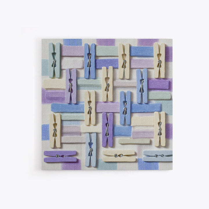 Cheerful Clothespins Arranged as Pattern Framed Canvas Print, Laundry Room Art, Funny Poster, Living Room Decor, Watercolor Art, LRA-1x1-100