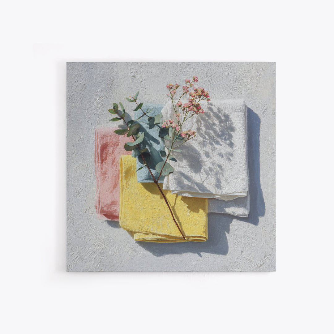 Sunlit White Towels and Eucalyptus Branch Canvas Print, Laundry Room Art, Farmhouse Decor, Living Room Decor, Clean, LRA-1x1-11