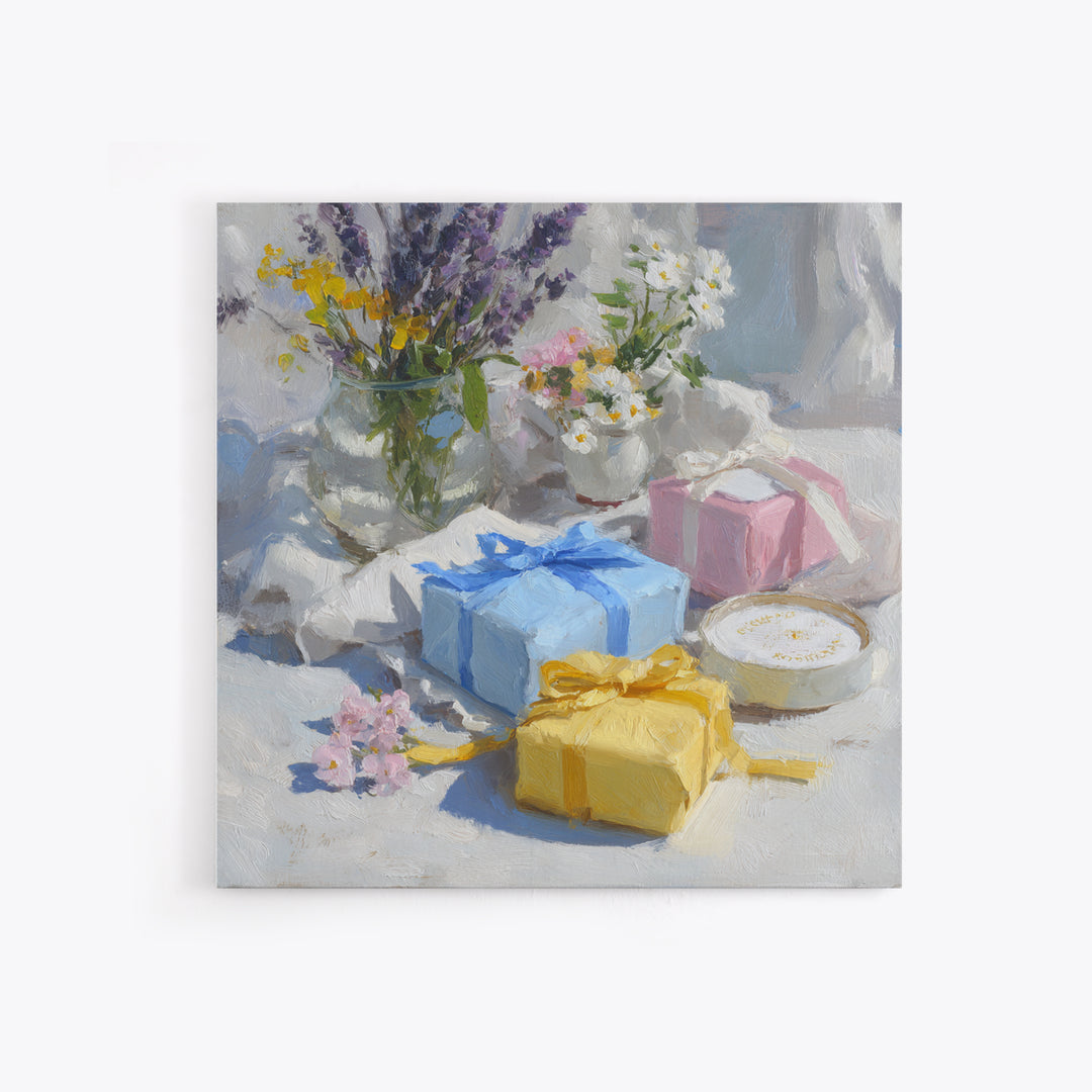 Lavender Sachet and Ribbon Still Life Canvas Print, Laundry Room Art, Gallery Wall Prints, Living Room Decor, Fine Art, Clean, LRA-1x1-17