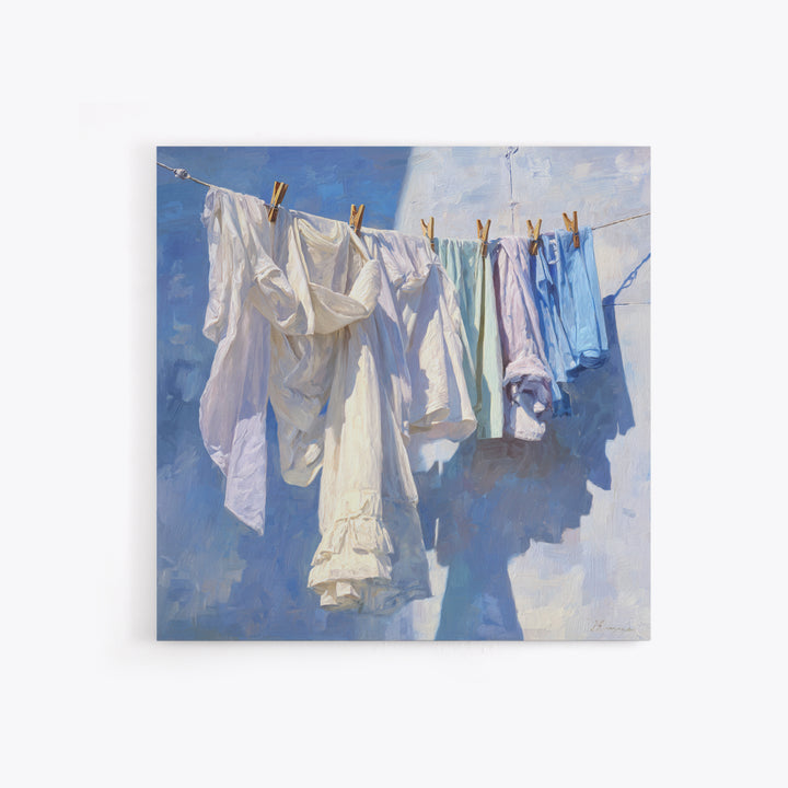 Clothesline with White Linens Blowing in Sunshine Canvas Print, Laundry Room Art, Modern Decor, Living Room Decor, Abstract Art, LRA-1x1-25