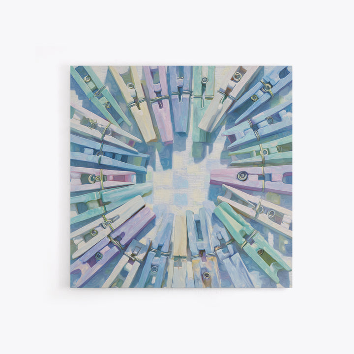 Cheerful Clothespins Arranged as Pattern Framed Canvas Print, Laundry Room Art, Artwork, Living Room Decor, Oil Painting, Clean, LRA-1x1-28