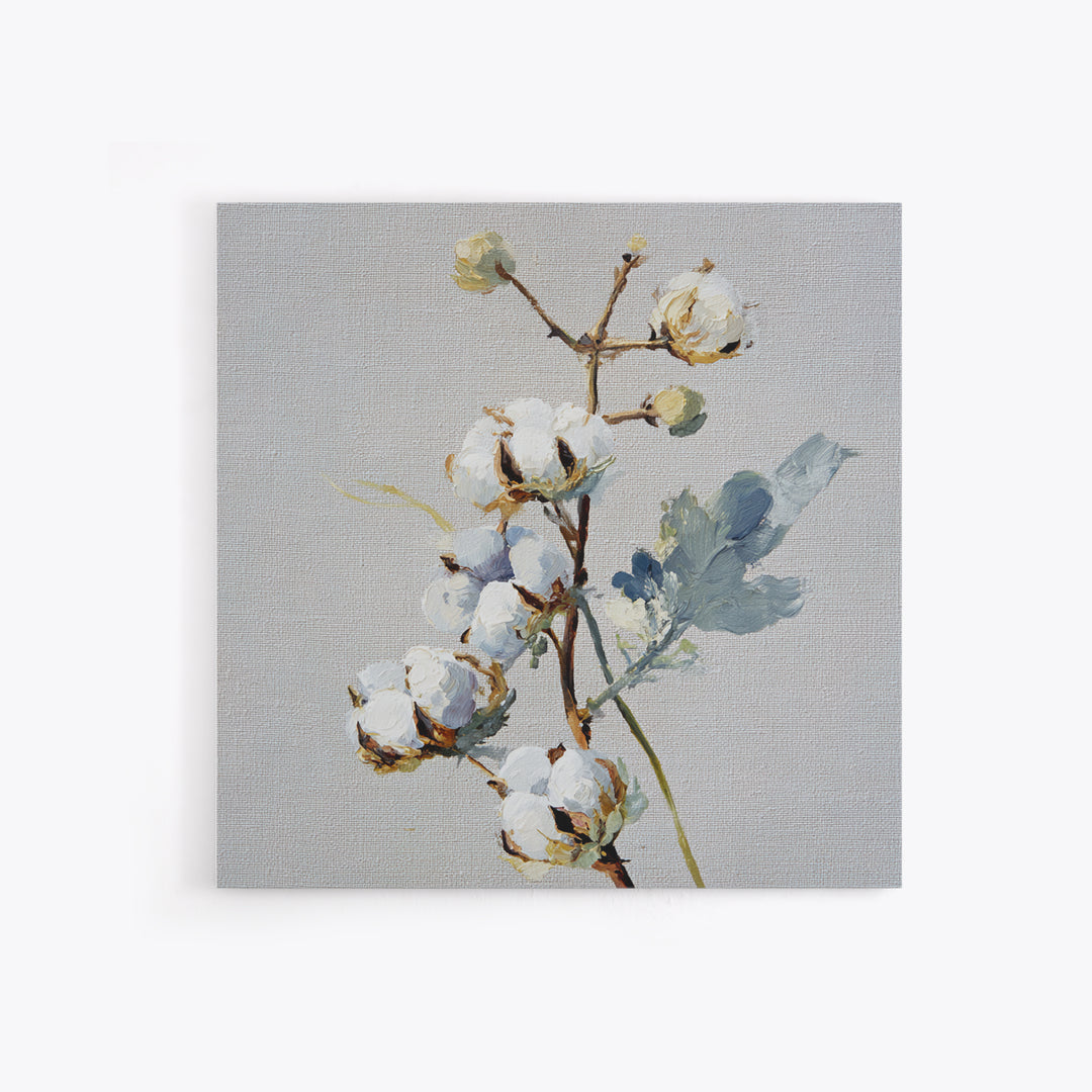 Fresh Cotton Branch Botanical Study Canvas Print, Laundry Room Art, Retro Wall Art, Living Room Decor, Watercolor Art, Clean, LRA-1x1-31