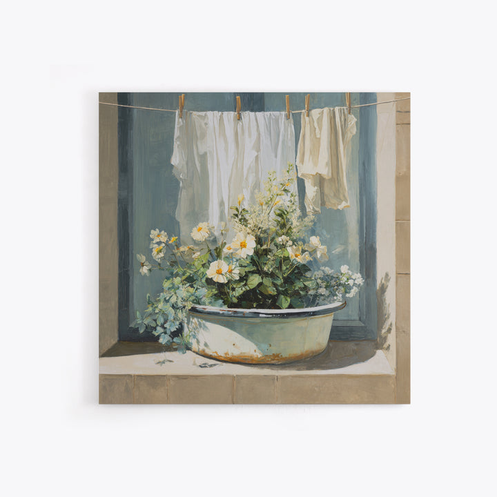 Old Enamel Basin Filled Framed Canvas Print, Laundry Room Art, Gallery Decor, Living Room Decor, Fine Art, Clean, LRA-1x1-32