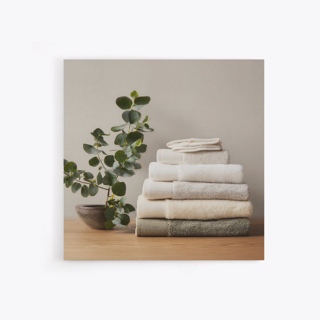 Sunlit White Towels and Eucalyptus Branch Canvas Print, Laundry Room Art, Farmhouse Wall Decor, Living Room Decor, LRA-1x1-35