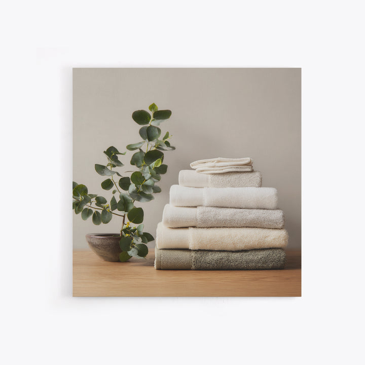 Sunlit White Towels and Eucalyptus Branch Canvas Print, Laundry Room Art, Farmhouse Wall Decor, Living Room Decor, LRA-1x1-35