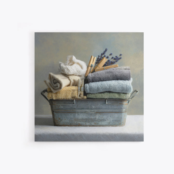 Basket of Folded Towels Framed Canvas Print, Laundry Room Art, Rustic Home Decor, Living Room Decor, Fine Art, Clean, LRA-1x1-38