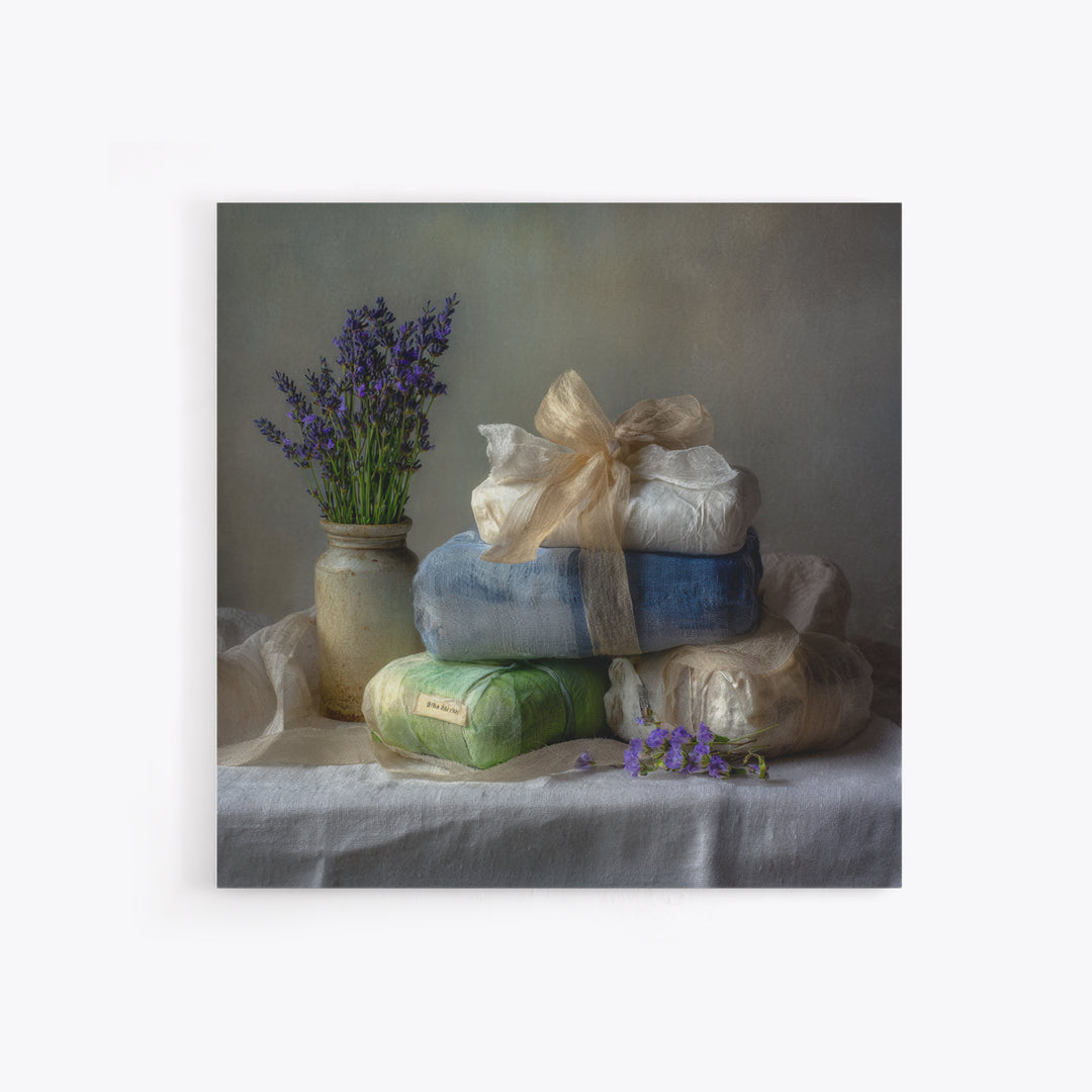 Lavender Sachet and Ribbon Still Life Framed Canvas Print, Laundry Room Art, Gallery Decor, Living Room Decor, Fine Art, Clean, LRA-1x1-41
