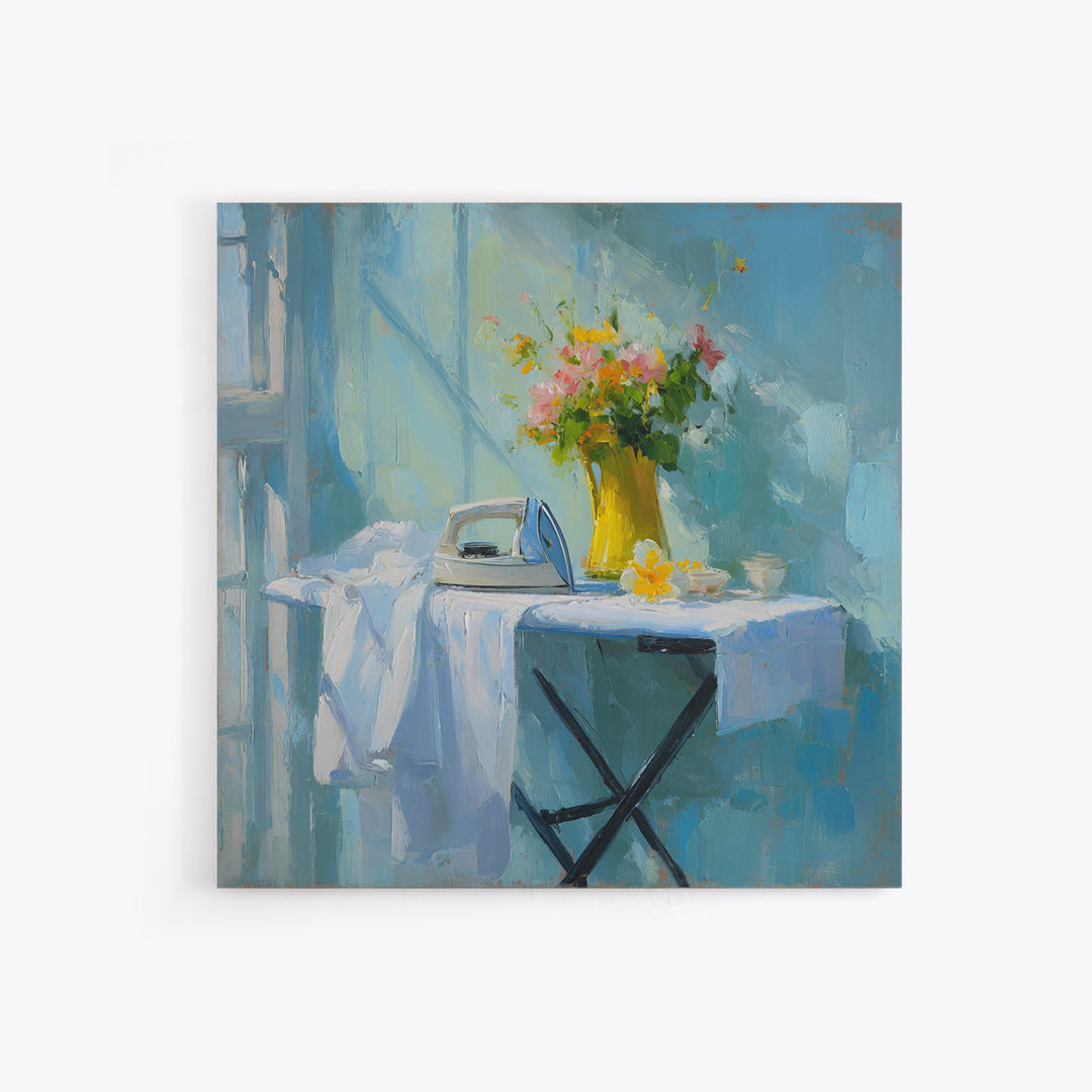 Ironing Board Still Life Framed Canvas Print, Laundry Room Art, Living Room Decor, Oil Painting, Clean, Wall Art Print, LRA-1x1-48