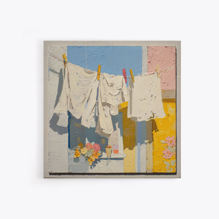Clothesline with White Linens Blowing in Sunshine Canvas Print, Laundry Room Art, Modern Decor, Living Room Decor, Abstract Art, LRA-1x1-49