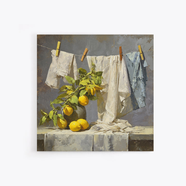 Lemon and Clean Linen Still Life Framed Canvas Print, Laundry Room Art, Rustic Home Decor, Living Room Decor, Abstract Art, LRA-1x1-51
